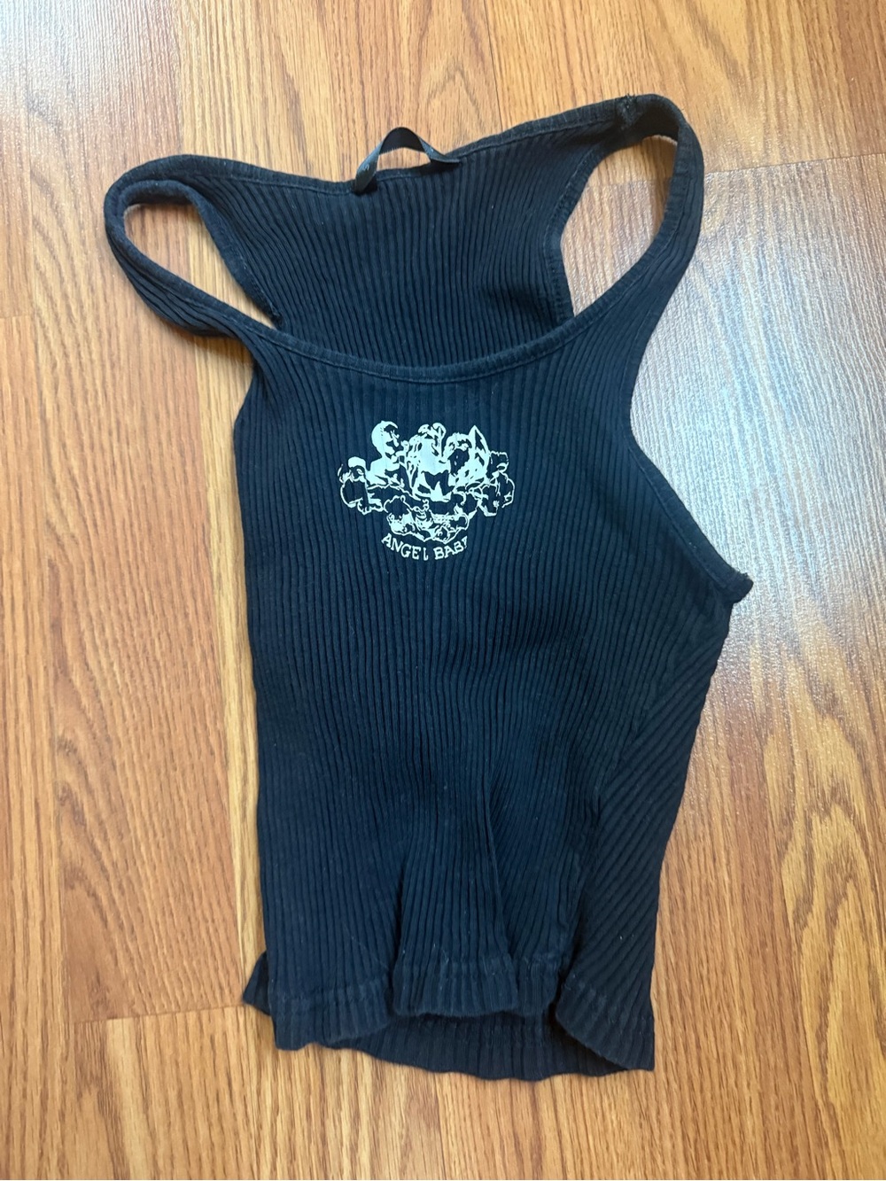 SHEIN Black Ribbed Racerback Tank with White Angel Graphic